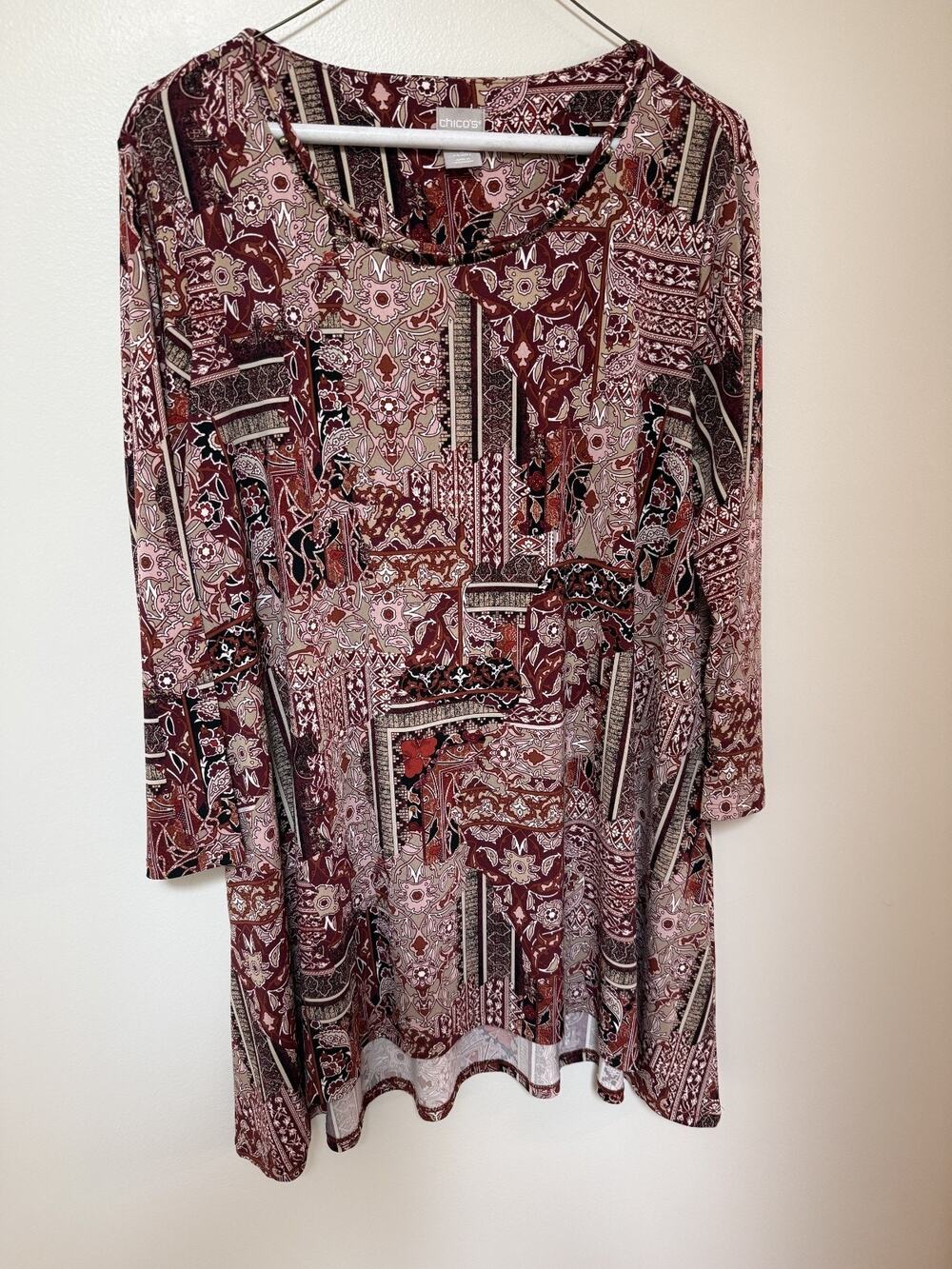 Chico's Burgandy/Pink Patchwork Tunic Blouse Size 2 (Large)